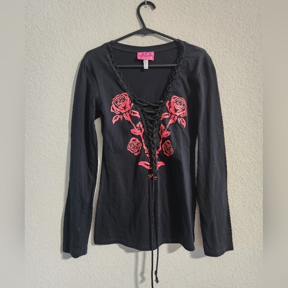 Demi Loon Rose Graphic Punk Slashed Cut-out Tattoo L/s Biker Top size small